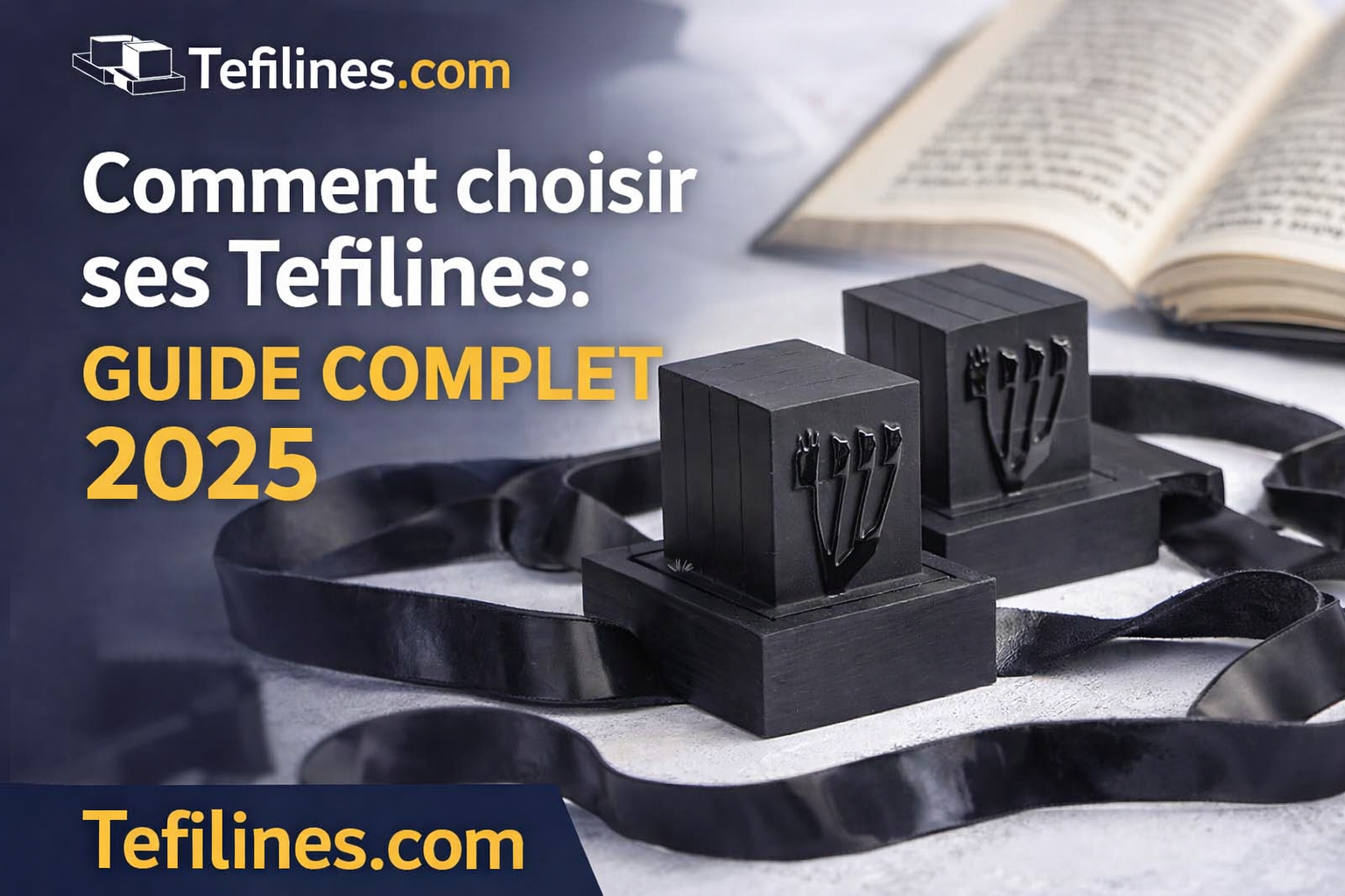 Tefilines noires posées avec leurs lanières en cuir – illustration du guide complet pour choisir ses tefilines en 2025.